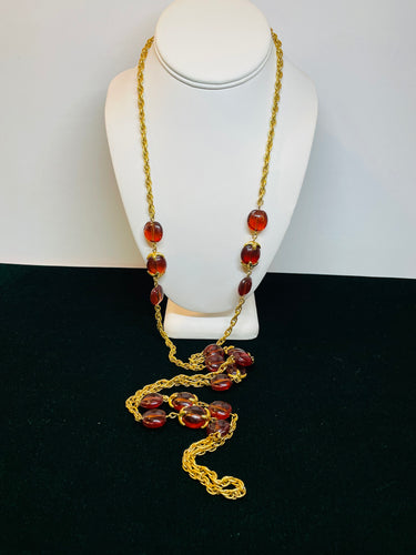 Crown Trifari Root Beer Bead and Gold Chain Necklace
